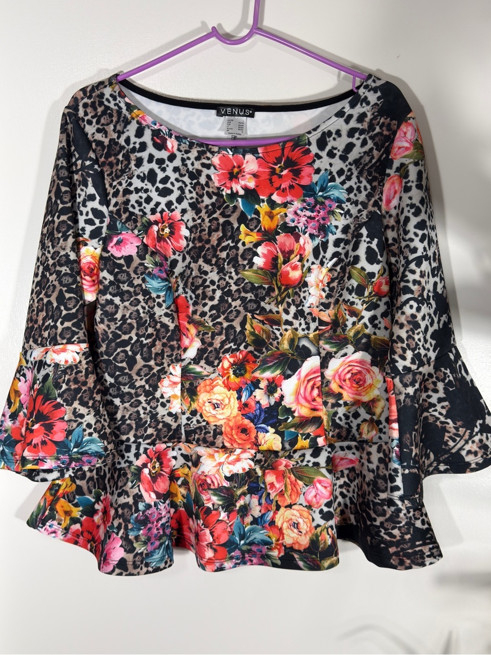 VENUS Black Floral & Leopard Print Peplum Top